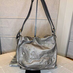 Coach Shoulder Hobo Bag - Gunmetal and Studded Leather & Purple Interior